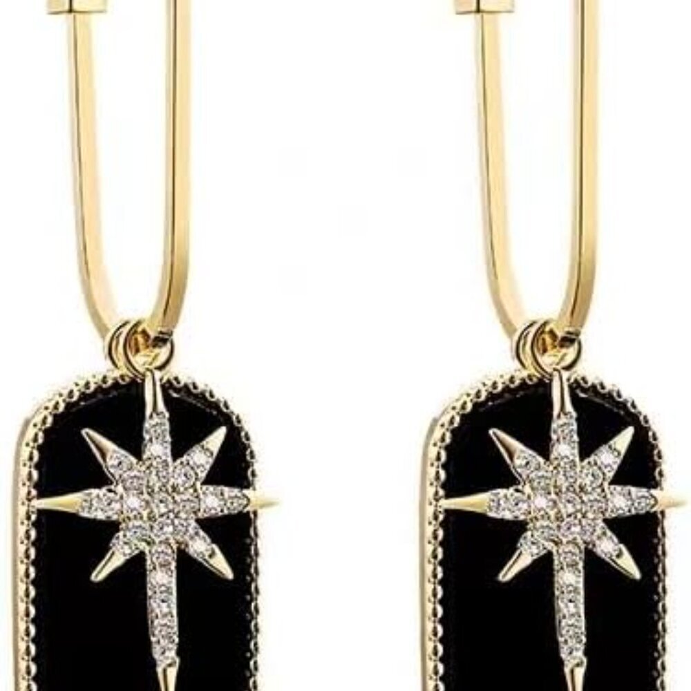 Gold and Black Dangle Earrings Hypoallergenic Sparkle Star Lightweight Women
